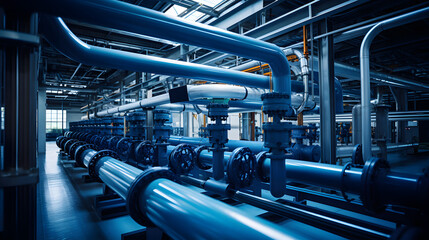 Top view of steel water piping structure with circulation pumps and valves in industrial building