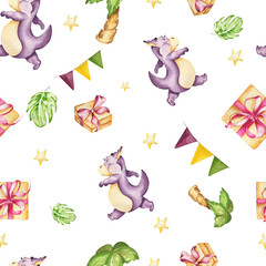 Seamless pattern. Cute dragons, gifts, tree palms. Watercolor illustration. on white background. for design.