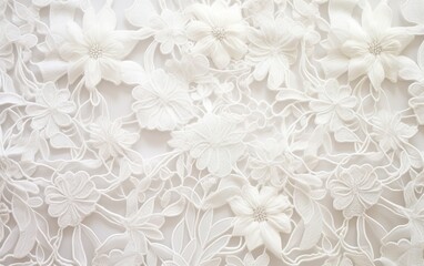 Closeup of textured fabric pattern with elegant vintage lace and floral hand embroidery on a white...