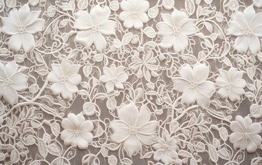 Obraz premium Textured fabric pattern with elegant vintage lace and floral hand embroidery. Decorative wedding design sample.