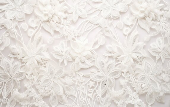 Closeup of textured fabric pattern with elegant vintage lace and floral hand embroidery on a white background. Decorative wedding design.
