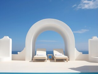 Two sunbeds on the white terrace with an arch under a blue sky generative ai