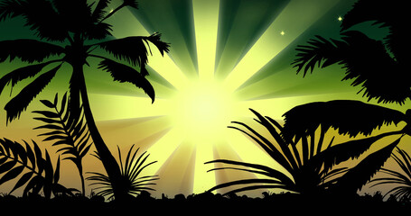 Exotic palm trees with shooting star on green background