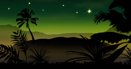 Exotic palm trees with stars on green background