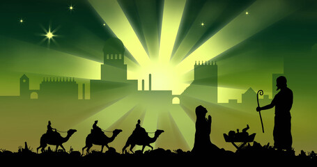 Three wise men on camels and nativity scene on green background
