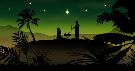 Fototapeta premium Nativity scene and palm trees on green background