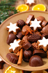 assorted of chocolate pralines and gingerbread cookies- mix of chocolates