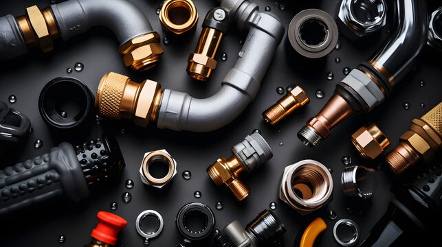 Top view of the plumbing equipment on a black background