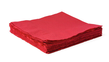 Stack of red paper napkins isolated on white background