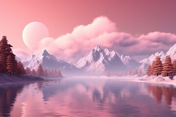 Digital landscape of mountains, lake, pink sky, clouds, small objects. Generative AI