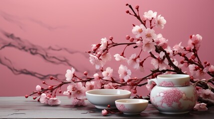 Fototapeta na wymiar Sakura Branch Near Tea Ceremony, Happy New Year Background, Hd Background