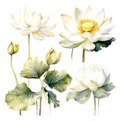 Set of white lotus floral watecolor. white lotus flower, Floral poster, invitation floral. Vector arrangements for greeting card or invitation design	
