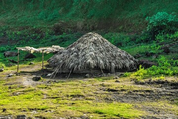 Thatched roof hut, Papi hills, Godavari river, Kolluru, Andhra Pradesh, India