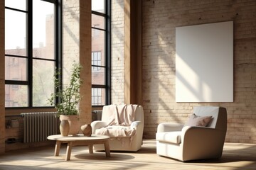 A large blank mockup canvas is displayed on a sunlit brick wall in a loft, offering an industrial and spacious backdrop for showcasing artwork. Photorealistic illustration