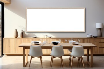 A horizontal empty mockup frame is placed on the wall in a sunlit dining room, creating a well-lit and inviting setting for showcasing artwork or photographs. Photorealistic illustration