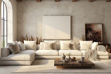 A blank mockup frame is mounted on the wall in a sunlit and rustic-themed living room, creating a warm and inviting space for showcasing artwork. Photorealistic illustration