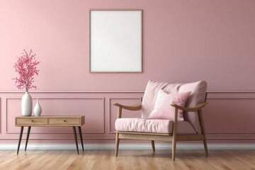An empty mockup frame is displayed on a pink wall in a setting featuring a pink armchair and a pink flower vase, creating a harmonious and monochromatic space. Photorealistic illustration