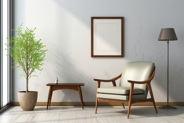 A small empty mockup frame is hung on a white wall in a room with a wood armchair and a green plant, creating a simple and refreshing setting for displaying artwork. Photorealistic illustration