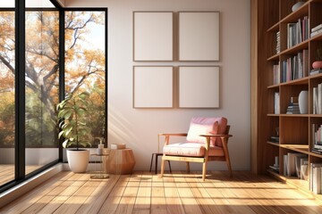 Fototapeta premium Empty mockup frames are positioned on a white wall in a sunlit home office, creating a clean and well-lit backdrop for displaying artwork or photographs. Photorealistic illustration
