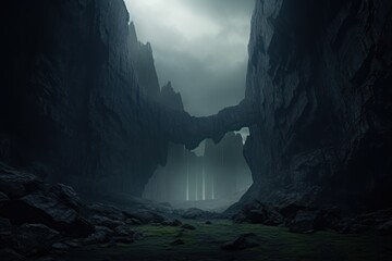 dark and gloomy mountain gorge at foggy twilights, ai tools generated image