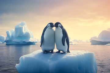 Cute penguins in Love on ice - obrazy, fototapety, plakaty