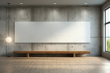 An empty horizontal mockup canvas is mounted on a wall, providing a professional setting for showcasing artwork with a gallery-like ambiance. Photorealistic illustration