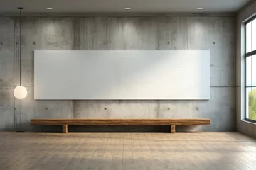 Gordijnen An empty horizontal mockup canvas is mounted on a wall, providing a professional setting for showcasing artwork with a gallery-like ambiance. Photorealistic illustration © DIMENSIONS