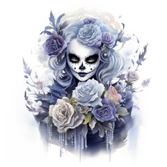 A stunning ghost holding flower bouquet and enjoying the festivities of Halloween.