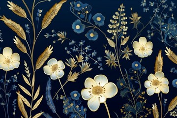 Delicate intricate flower design with curved golden motifs on deep blue backdrop. Generative AI - obrazy, fototapety, plakaty