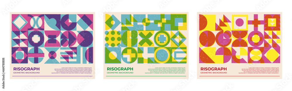 Poster poster collection with riso print effect. abstract geometric shapes pattern risograph style with gra