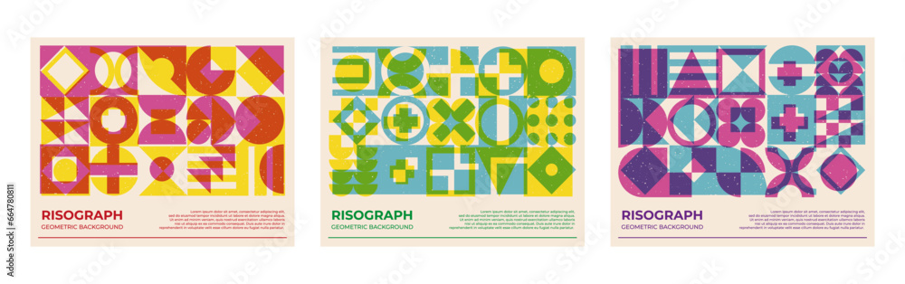 Poster poster collection with riso print effect. abstract geometric shapes pattern risograph style with gra