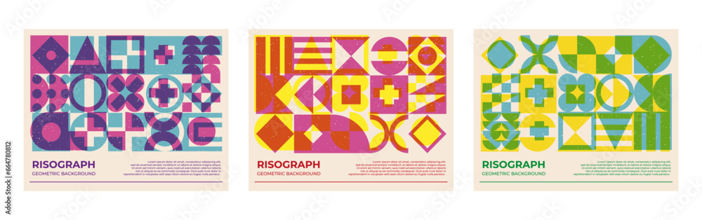 Poster poster collection with riso print effect. abstract geometric shapes pattern risograph style with gra