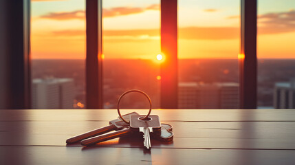 Apartment keys kept on the table with sunset background. Mortgage, investment, rent, real estate, property concept