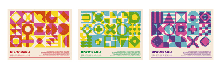 Poster collection with riso print effect. Abstract geometric shapes pattern risograph style with grain texture