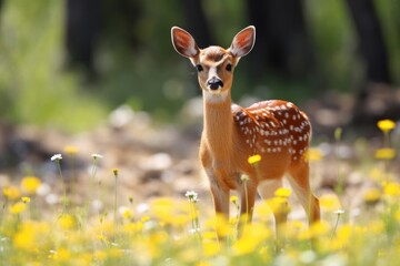 Female roe deer with beautiful flower.