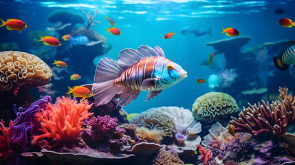 Fototapeta na wymiar Colorful fish and sea animals with coral underwater in ocean