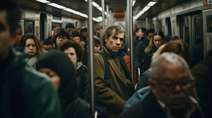 Crowded subway train carrying people in rush hour on their way home, everybody looking tired - obrazy, fototapety, plakaty