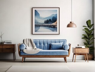 Mid century style interior living room with blue sofa against white wall and art poster frame generative ai