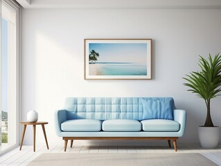 Mid century style interior living room with blue sofa against white wall and art poster frame generative ai