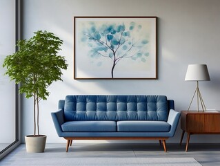 Mid century style interior living room with blue sofa against white wall and art poster frame generative ai