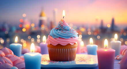 Obraz na płótnie Canvas Colorful cupcake with candles and sprinkles on table, in the style of light sky-blue and light pink, photo-realistic landscapes