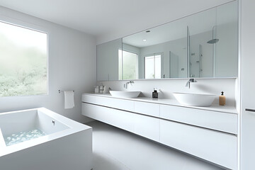 Fototapeta na wymiar Modern bathroom with white cabinets and bathtub.