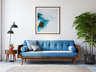 Mid century style interior living room with blue sofa against white wall and art poster frame generative ai