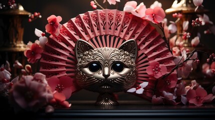 Japanese Aesthetic With Red Fans Lucky Cat, Happy New Year Background, Hd Background