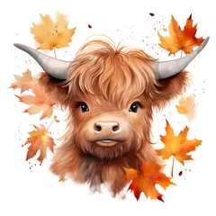 Foto op Canvas Happy cute baby highland cow in autumn leaves in the watercolor style. © MstSanta
