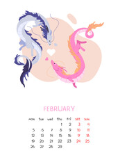 Vertical page calendar for February 2024. Two Chinese dragon fly around hearts. Flat vector illustration for schedule design of winter month. Romance dragons in trendy style. Symbol of New Year 2024