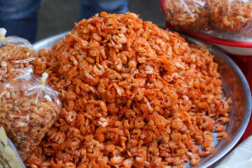 Closeup of dried shrimp sale in Chau Doc Market, An Giang Province, Vietnam