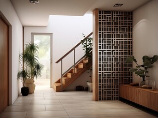 Interior design of modern entrance hall with grid door and staircase generative ai
