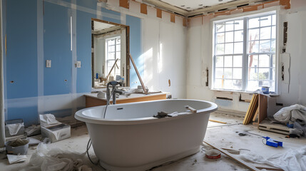 Under construction new bathtub remodeling a home bathroom, plumbing pipe for new sinks - obrazy, fototapety, plakaty