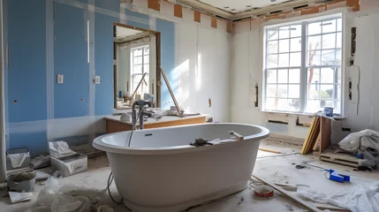 Foto op Canvas Under construction new bathtub remodeling a home bathroom, plumbing pipe for new sinks © SS Digital